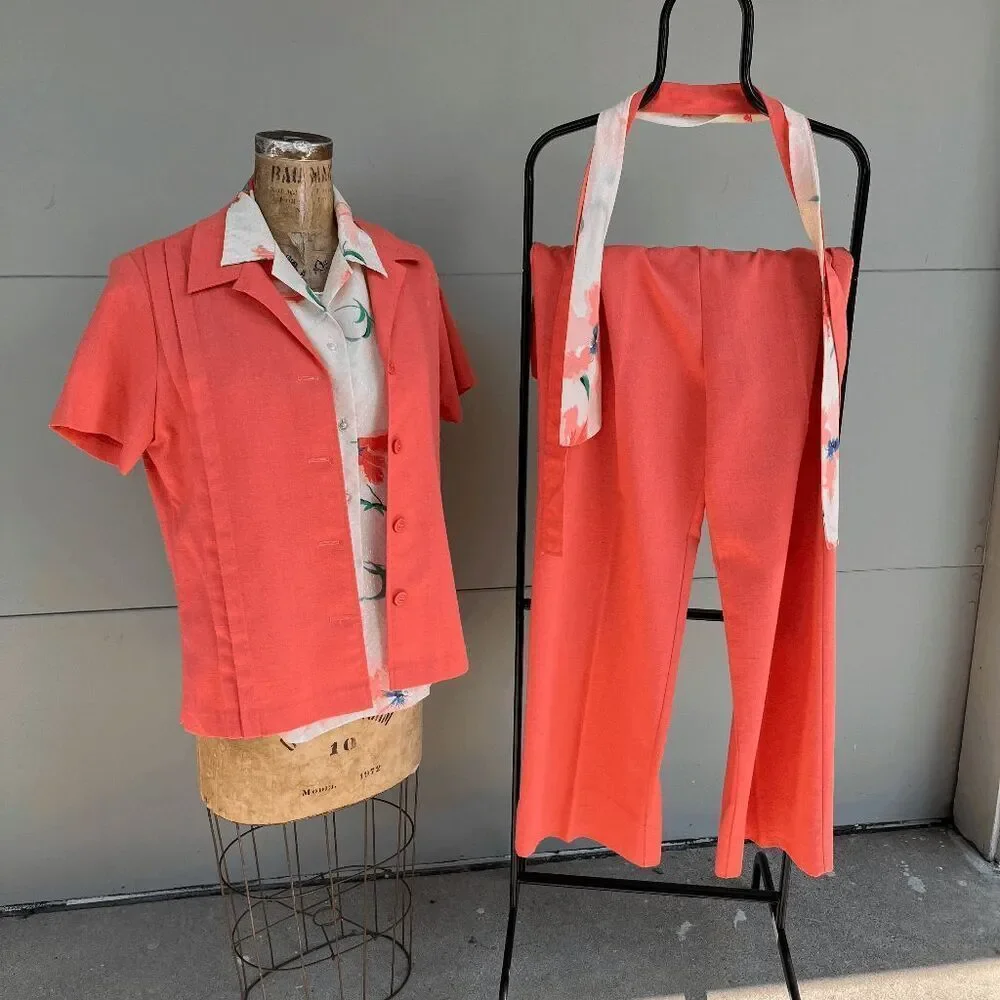 VTG 70s Coral Pant Suit Set Wide Leg Disco Cruise Outfit Theme XL